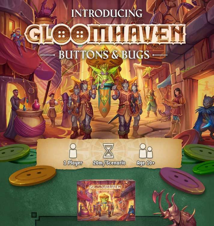 Compact New Solo Play Game, “Gloomhaven: Buttons & Bugs,” Now Available for $15